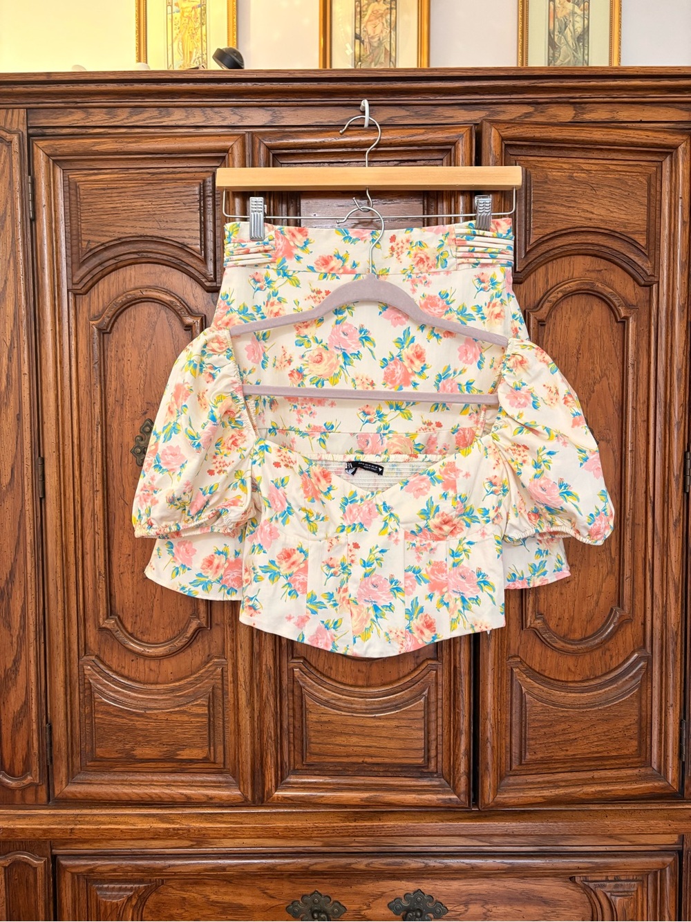 Zara Pastel Floral Puff Sleeve Top M and Skirt S